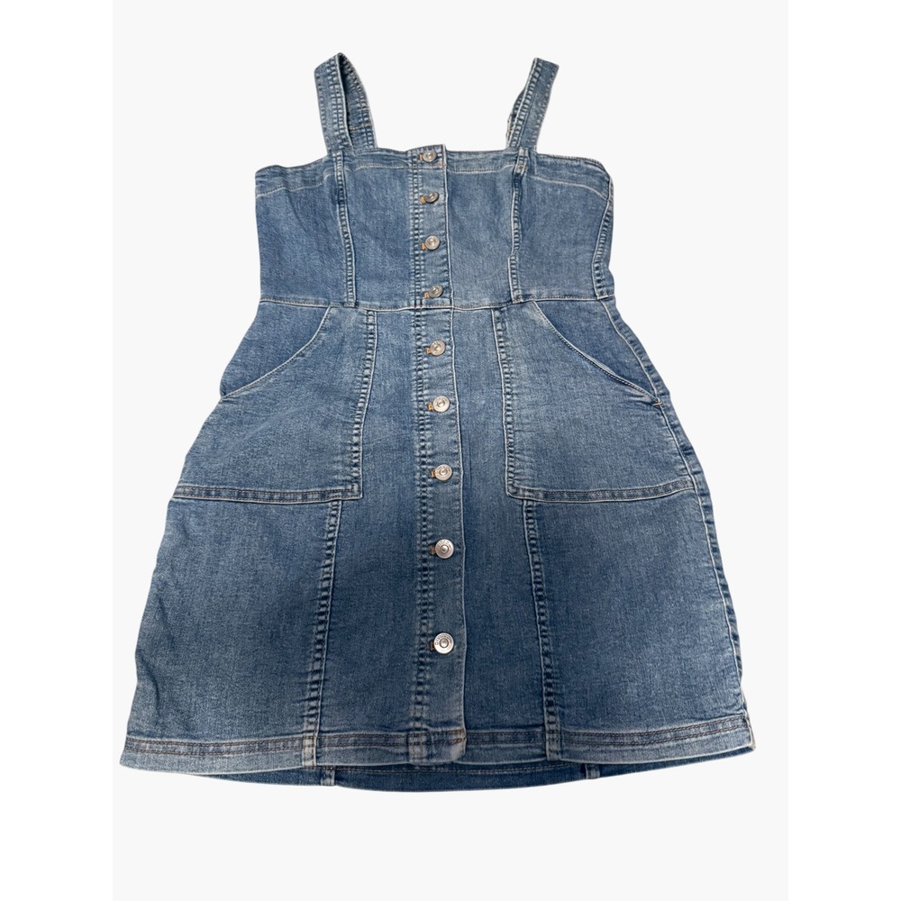 Blue Denim Button Down Pinafore Mini Dress with Pockets Medium Wash